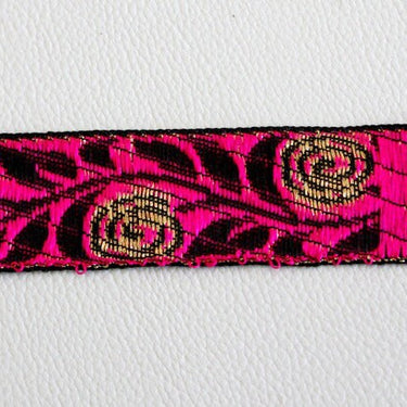 Black Fabric Trim With Fuchsia Rose And Gold Leaves Embroidery, Approx. 30mm Wide